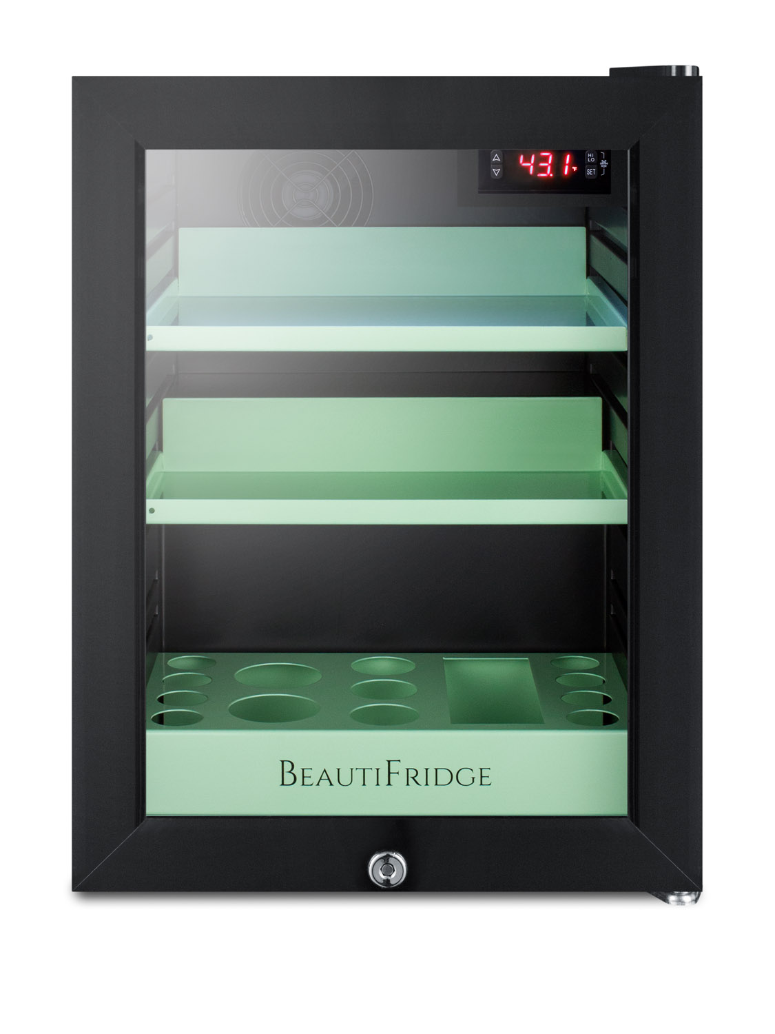 BeautiFridge compact cosmetics cooler with glass door, black cabinet, lock, glossy mint-colored shelves, and digital controls set for the storage of beauty products